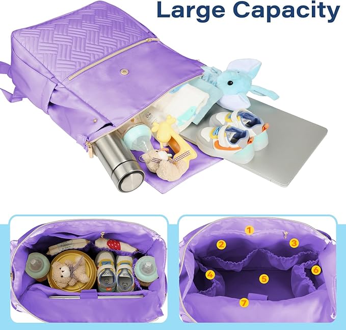 LANDICI Diaper Bag Backpack, Multifunction Waterproof Baby Diaper Bags with Changing Pad, Stroller Straps, Travel Essentials Stylish Back Pack for Mom Dad Boy Girls Toddler, Lavender