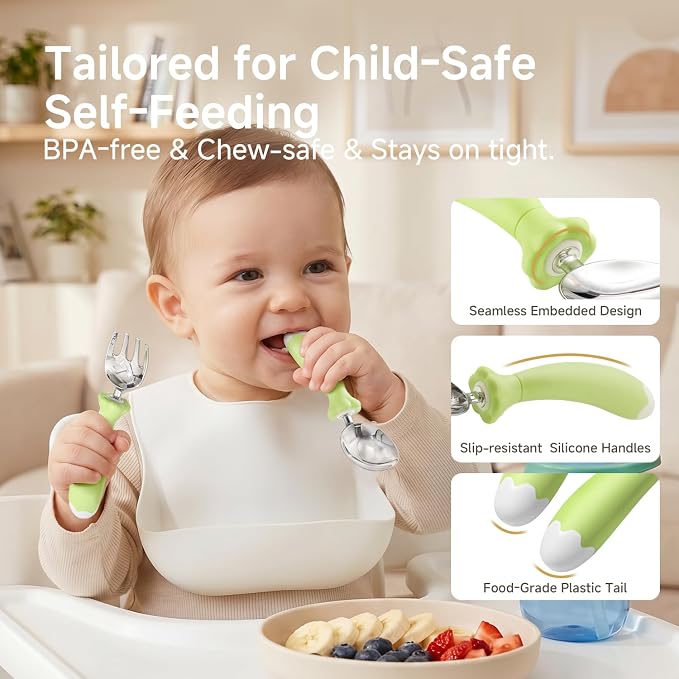 KINGSTONE Toddler Utensils with Case, Kids Silverware Set with Silicone Handles, 18/10 Stainless Steel Children Safe Forks and Spoons, Travel Carrying Cases BPA Free, Dishwasher Safe (green)