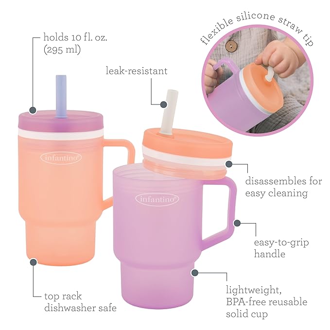 Infantino My 1st Tumbler, 10 Oz. Durable Plastic Sippy Cup with Silicone Leak-Resistant Straw & Handle, for On-the-Go, BPA-Free Transition Cup, Seashell & Lavender, 2-Pack