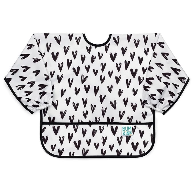 Bumkins Sleeved Bib for Girl or Boy, Baby and Toddler for 6-24 Months, Essential Must Have for Eating, Feeding, Baby Led Weaning Supplies, Long Sleeve Mess Saving Food Catcher, Hearts Black and White