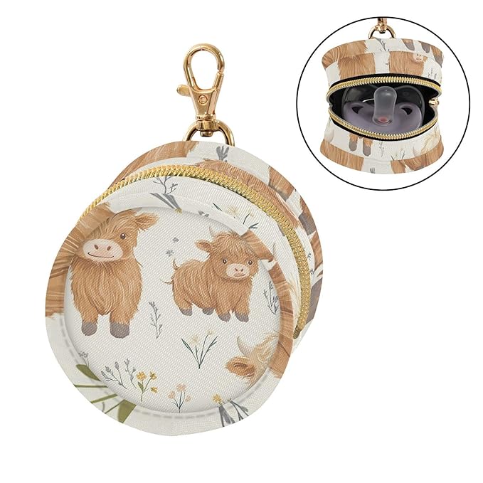 YETTASBIN Cute Highland Cow Portable Pacifier Holder Case with Metal Hook Buckle & Zipper for Diaper Bag and Stroller, Versatile All-in-One Travel-Friendily Baby Pacifier Pouch for Boy Girl