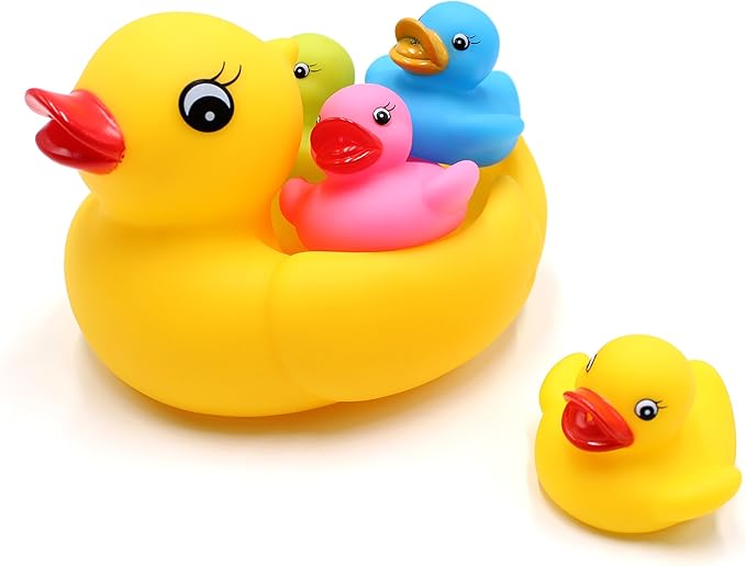 Floating Rubber Duckies Bath Play 5 Pieces Set - Includes 1 Jumbo Mama Ducky and 4 Baby Ducks - Fun Water Tub Playing Kits(4 Colors)