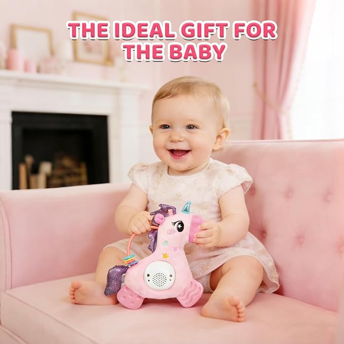 Baby Musical Activity Soft Toys with Sound & Light, Sensory Toys for Infant Developmental with Teether, Rattle and Textures, Soft Plush Toy for Newborn Gift 6 to 12 Months (Pink Unicorn)