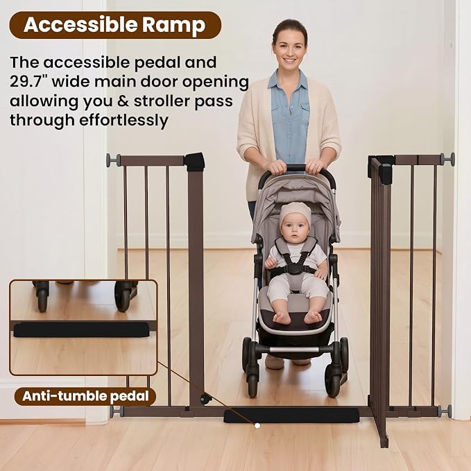 Mumeasy 36" Extra Tall Dog Gate, Auto Close Baby Gate for Stairs Doorways, 29.7-46" Wide Walk Thru Child Safety Gate for House, Easy Install Pressure Mounted Metal Pet Gate with Door, Brown