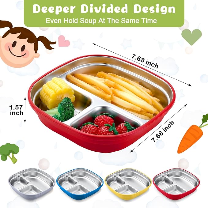 Geiserailie Square Stainless Steel Toddler Plates with Suction – 7.68” Divided Plates with Removable BPA-Free Silicone Sleeves, Unbreakable Baby Feeding Dishes Set of 4(Bright Colors)