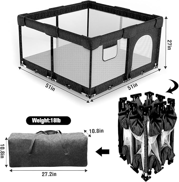 Veraste Foldable Baby Playpen with Gate, Extra Large Collapsible Play Yard for Babies & Toddlers, Portable Travel Playpen, Baby Activity Center for Indoor & Outdoor Use (Black 51"×51")