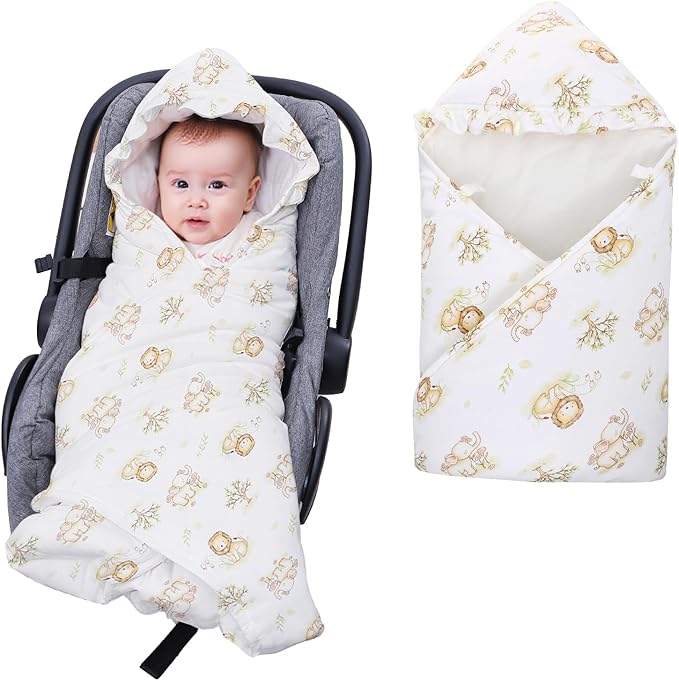 LAT LEE AND TOWN Winter Baby Car Seat Blanket for Newborn,35"x35"Universal Baby Wrap Blanket with Ruffle Hood,Winter Thickening Double Sided Cotton for Infants,Blankets for Stroller(Lion Elephant)