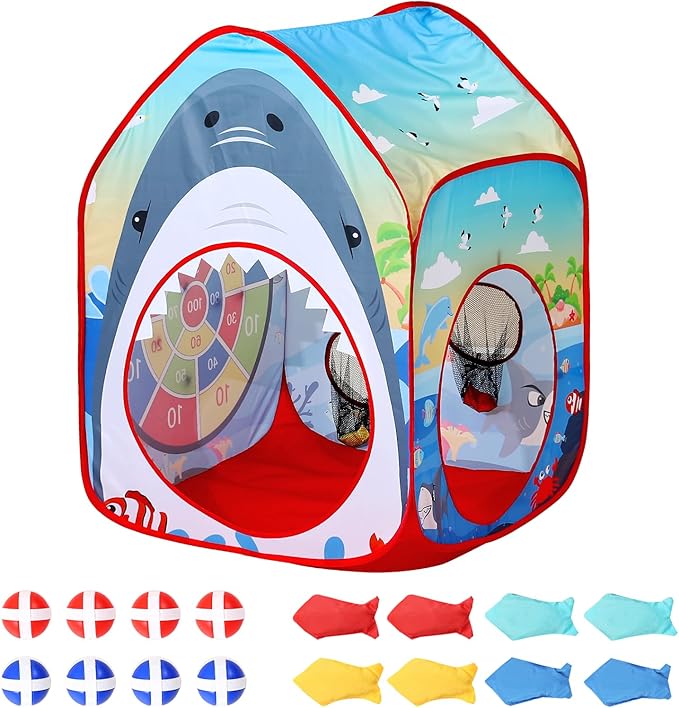 Shark Kid Play Tent Pop up Tent Play Tunnel Indoor and Outdoor Playhouse for Kid Beanbag Toss Game for Team Competition for boy with Tote Bag（Shark）