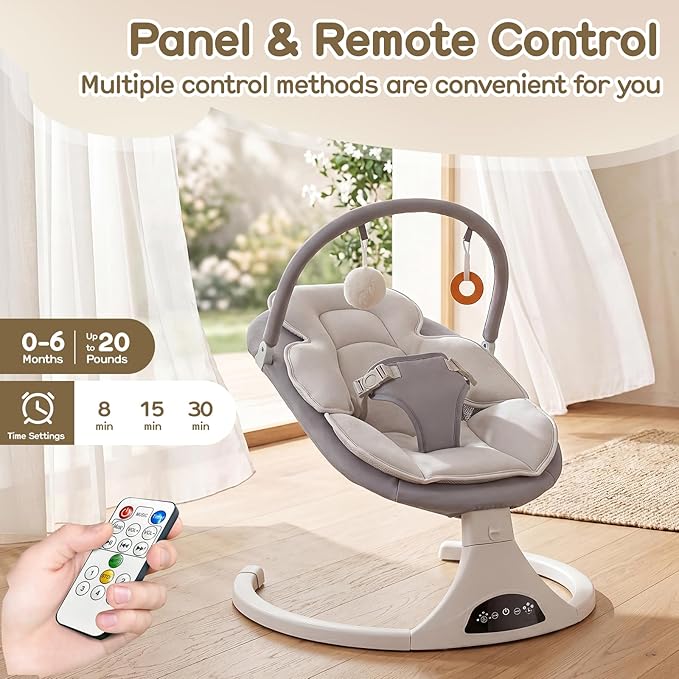 Electric Baby Swing with Remote Control - 5 Natural Motion Speeds, Detachable Seat Pad, Portable Infant Swing for Indoor/Outdoor Use, 0-6 Months, 20lbs, Gray