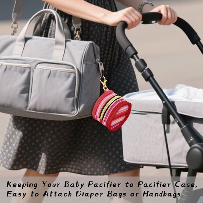 Pacifier Holder with Clip Pacifier Case for Diaper Bag Round Baby Pacifier Pouch Box Bag Portable Red and Pink Stripes