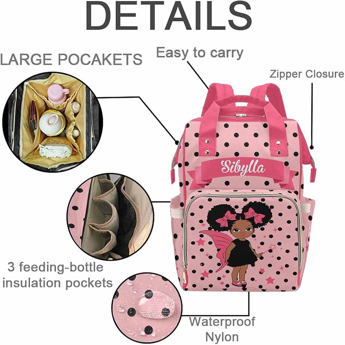 M YESCUSTOM Personalized Pink Baby Diaper Bag, Customized Name Black Dots On Pink Mommy Nursing Backpack Multifunction Travel Daypack for Mother's Day Birthday Gift