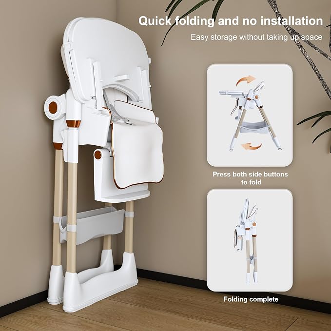 3-in-1 Foldable High Chair for Babies & Toddlers, Adjustable Height, Reclining Seat, Wheels with Safety Locks, Removable Tray, Space-Saving Multifunctional Baby Dining Chair (White)