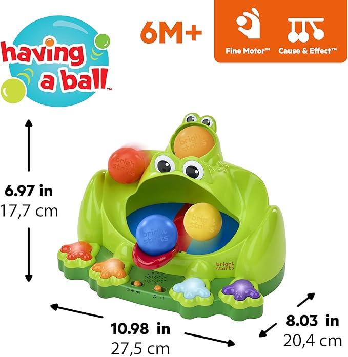 Bright Starts Poppin' Ball Frog Ball Play Toy, Launching, Bouncing & Ramp Racer Toy, Crawl and Chase, Unisex, 6 Months+