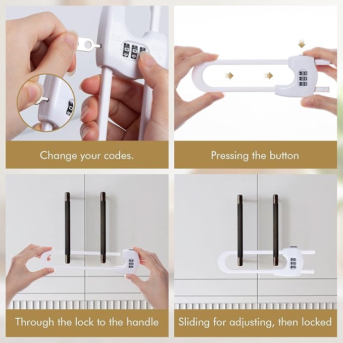 4 Pack Cabinet Locks Baby Proofing Upgrade Child Proof Cabinet Lock Adjustable U-Shaped Code Locks Sliding Cabinet Door Lock Latches Set for Cupboard Knob Handle Drawers Closet (White)