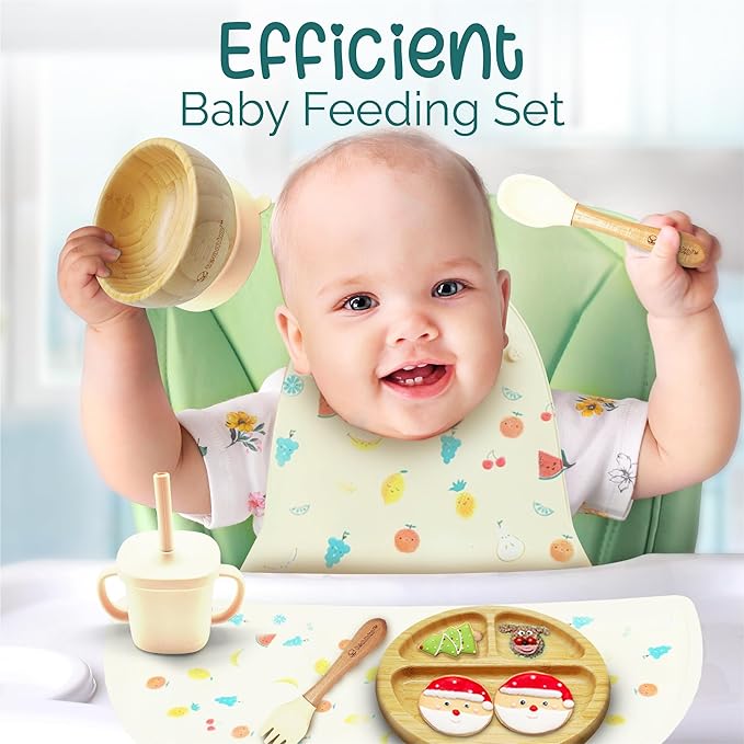 TEAMKO® Silicone Baby Feeding Set: Bamboo Baby Plate and Bowl, Bib, Utensils, Cup & Placemat - Bamboo Kids Plates - Ideal for Baby Led Weaning + Nutritional Guide