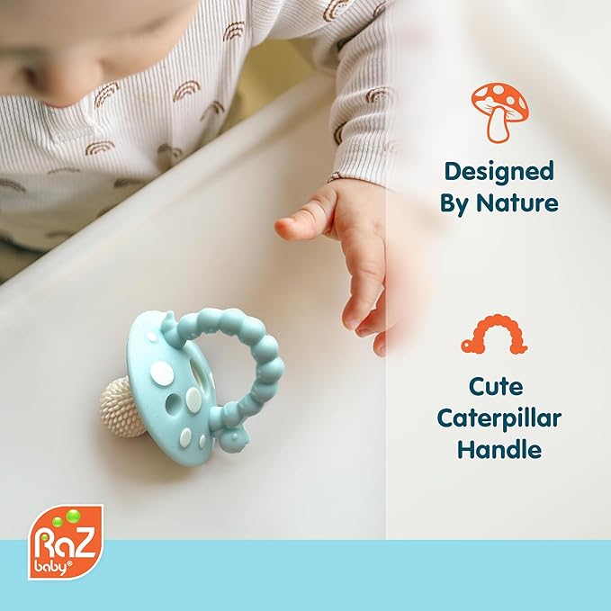 RaZbaby Soft Silicone Infant & Baby 3M+ Teether Toy Massaging Bristles Teething Relief Pacifier - Soothes Sore Gums - Hands-Free & Easy-to-Hold Chompy Teether, BPA Free (RED/Pink)