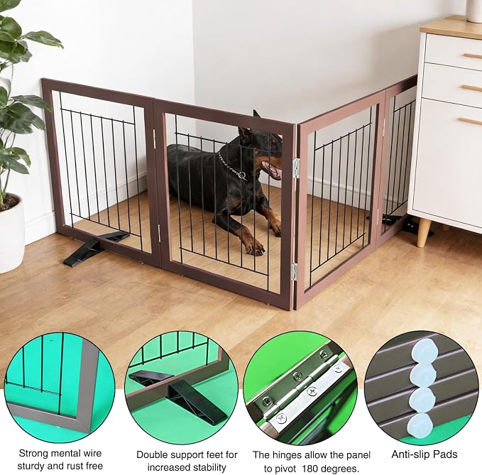 Dog Fence Indoor - 4-Panel Freestanding Dog Gate for Doorways, Hallways, House or Stairs -80x32-Inch Retractable Foldable Expandable Wood Pet by SFJC (Brown)