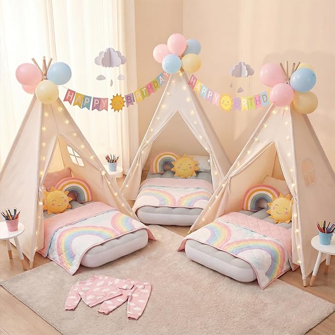 Wilwolfer 4 Pack Kids Teepee Tent with Inflatable Airbeds - Play Tent with Star Lights, Colorful Flags ??Foldable Toddler Sleepover Party Supplies Gifts(White)