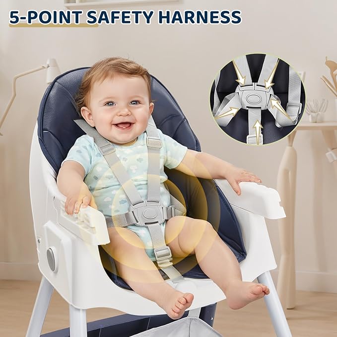 Ktaxon Foldable Baby High Chair, 2-in-1 Portable Convertible Highchair with 5-Point Safety Harness, Easy to Clean Tray and Storage Bag for Toddlers & Babies, Navy Blue