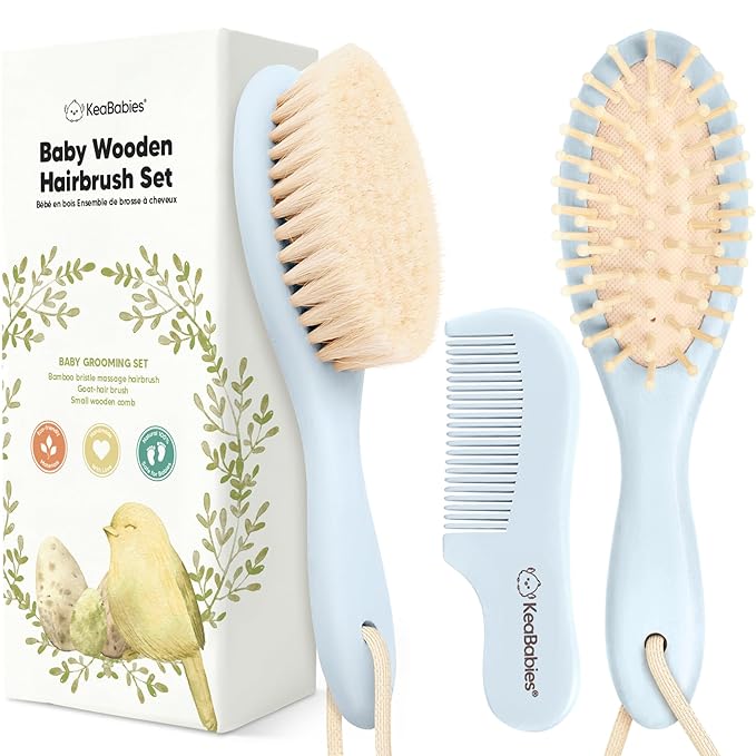 Baby Hair Brush Set for Newborns - Soft Goat Bristle Wooden Baby Brush and Comb Set Newborn Grooming Kit for Cradle Cap, Durable & Gentle, Boy, Girl Infant Essentials Care Kit (Regular, Frost)