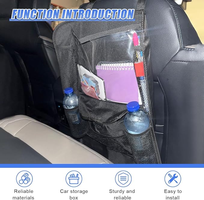 Car Backseat Organizer, Large Capacity Waterproof Auto Back Seat Kick Mats Protector with 12" Touch Screen Tablet Holder, Easy to Clean Car Front Seat Storage Pocket for Road Trip (2PCS)