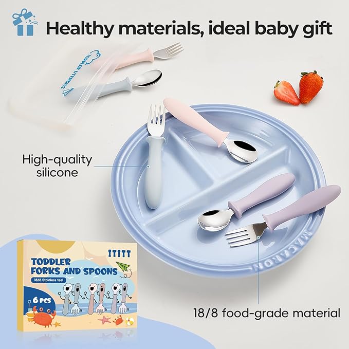 6 PCS Toddler Utensils Kids Silverware Set with Silicone Handle Children Food Grade 18/8 Stainless Steel Toddler Forks and Spoons Safe Anti-Choke Design Mirror Polished Sturdy Durable Dishwasher Safe