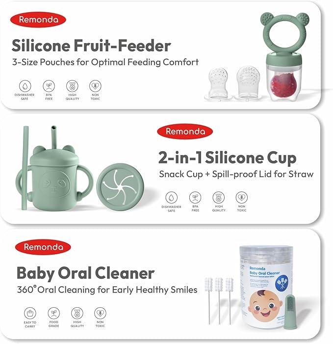 Remonda 23-Piece BPA-Free Silicone Baby Feeding Set | Extra Large Suction Plates, Toddler Bowls, Self Feeding Spoons, and More | Dishwasher Safe| Baby Led Weaning Supplies (Greenï¼?1