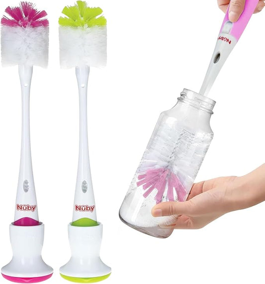 Nuby Bottle and Nipple Brush with Soft Bristles and Stand| 2 Pack: Pink & Lime Green| Bottle & Nipple Accessory Cleaning Brush with Drying Stand