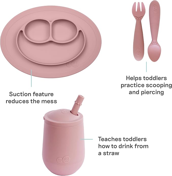 ezpz Kit 3: Practice Feeding Skills (Blush) - Tools to Help Your Toddler Practice Scooping, Piercing, Straw Drinking, and Self-Feeding - Toddler Essentials & Gifts