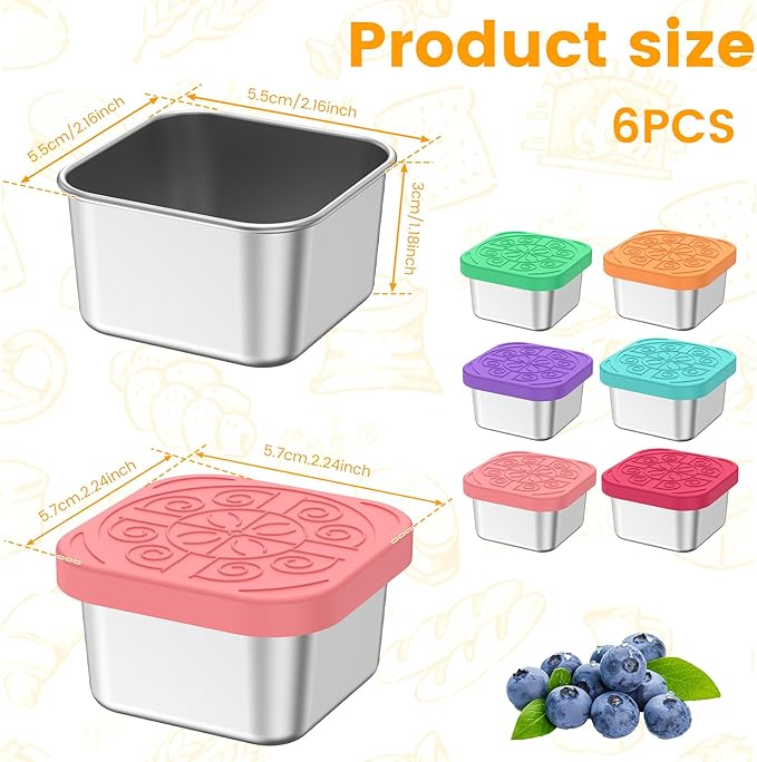 6 Pcs Stainless Steel Sauce Containers,2oz Metal Mini Snack Food Store Box Containers and Silicone Lids, Reusable Small Portable Boxes, Dishwasher Safe for Daycare School Office Travel, Leakproof