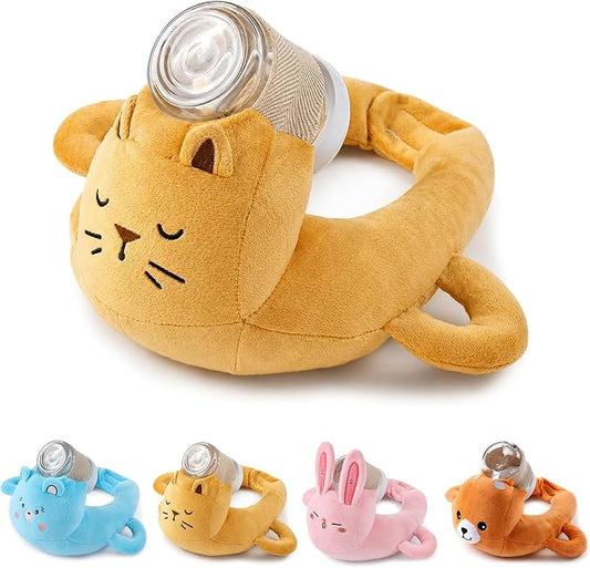 New Bottle Holder Pillow Plush for Self Feeding, Hands Free Feeding Nursing Assistant, Ergonomic Support Cushion, Soft Animal Cover Protector, Machine Washable (Orange Yellow Lion)