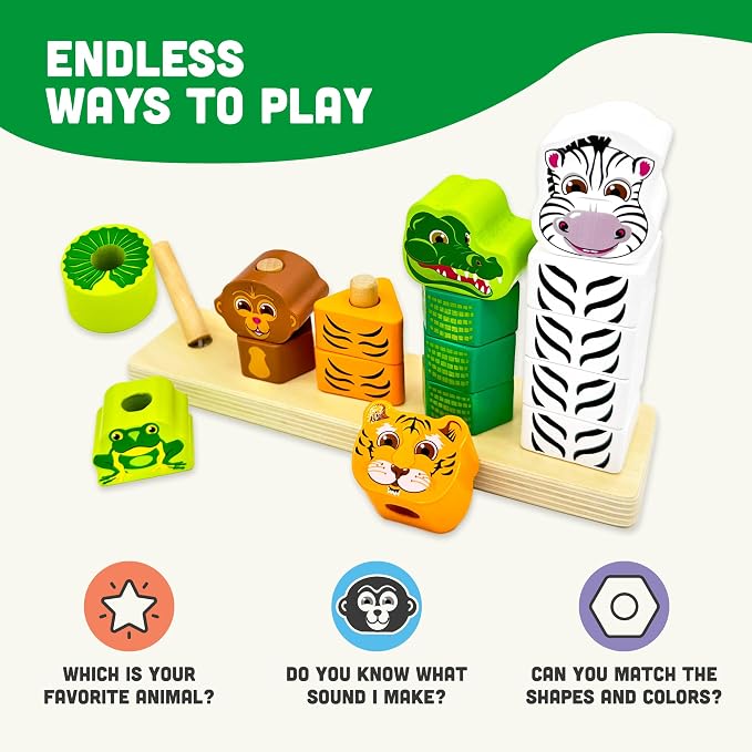 Big Discoveries Wild Stacker - Animal Block Stacking Puzzle for Ages 2 and Up | Durable Wooden Geometry Shape Toy with Flexible Safety Pegs and Pegboard - Fun Montessori Stack Toy for Toddlers