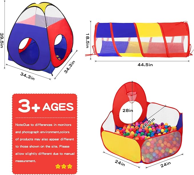 GeerWest 3 in 1 Kids Play Tent for Toddler with Baby Ball Pit and Play Tunnel, Children Indoor Outdoor Playhouse with Climbing Tunnel Toy for Toddlers, Boys and Girls Best Birthday Gifts（No Balls）