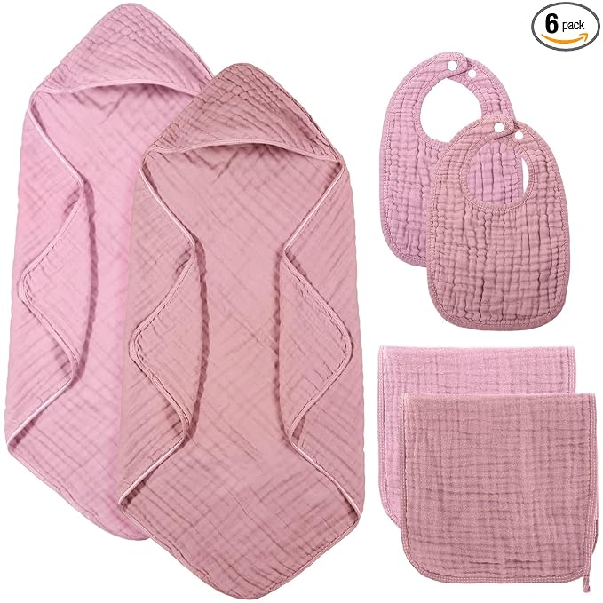 Hahafelt 6 Pcs Muslin Hooded Bath Towels Washcloths and Bibs Set, Muslin Cotton Baby Towels Absorbent Hooded Blanket Towel Infant Bibs for Boys Girls Newborn Infant Essential(Pink,Rose)
