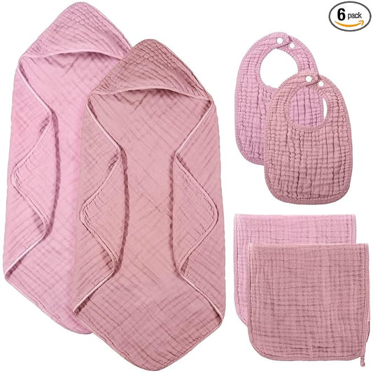 Hahafelt 6 Pcs Muslin Hooded Bath Towels Washcloths and Bibs Set, Muslin Cotton Baby Towels Absorbent Hooded Blanket Towel Infant Bibs for Boys Girls Newborn Infant Essential(Pink,Rose)