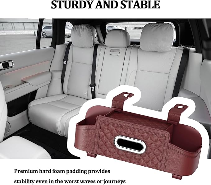 Car Seat Back Organizer, Multifunctional Vehicle Headrest Storage Box with Hooks and Phone Holder, Automotive Backseat Tissue Cup Holder Accessories, Universal for SUV Sedan Truck (Wine Red)