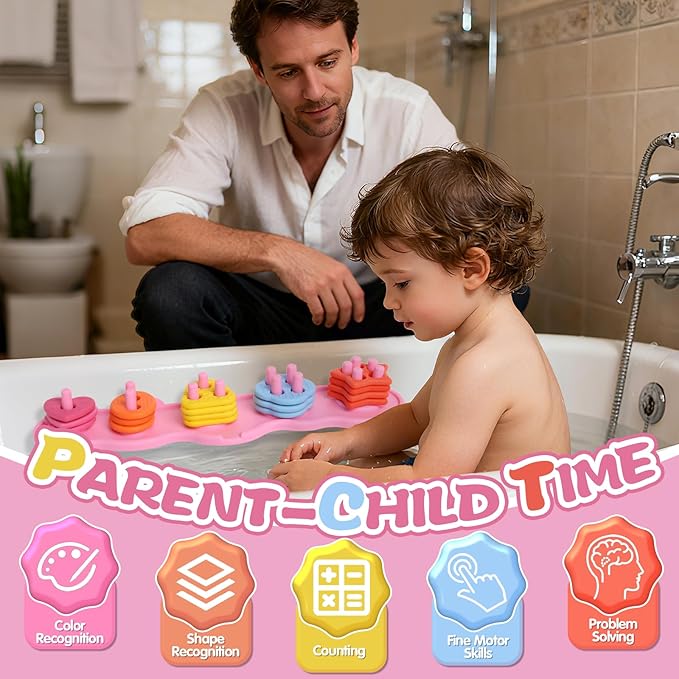 Toddler Bath Toys, Mold Free Silcone Shape Sorting & Stacking Bath Toy Set with 20 Textured Floating Pieces, No Hole Design, Silicone Color & Shape Sorter for Baby Early Learning Bathtub Fun