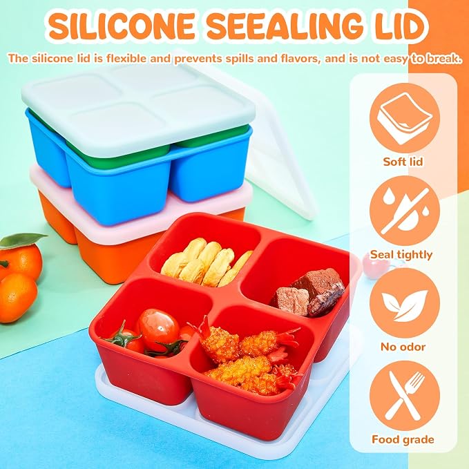 Roshtia 4 Pack Silicone Food Containers with Lids, Reusable Thickened Bento Lunch Box Packs for Meal Prep Food Storage, Microwave Dishwasher Safe(4 Compartment,Bright)