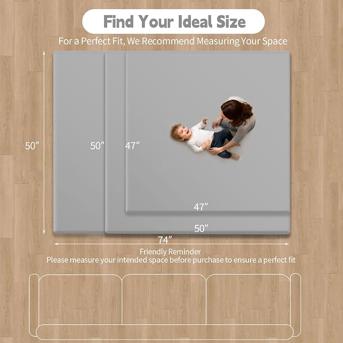 Baby Play Mat for Floor, 50"×50" Playpen Mat, 1.3" Thick Elasti-Foam, Non-Slip Crawling Mat for Tummy Time, Waterproof & Wipe-Clean Playmat for Toddler,Infant, Kids (Grey）
