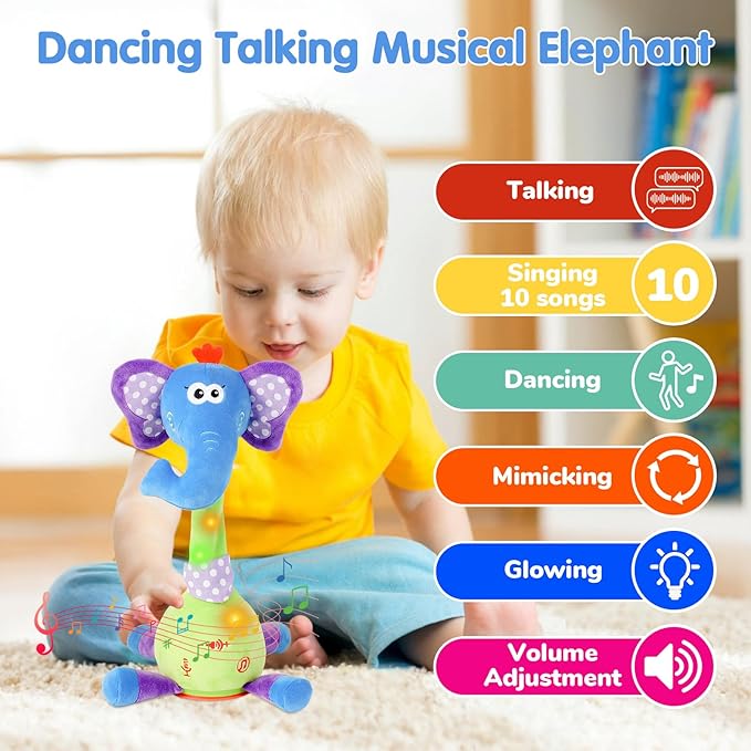 Dancing Talking Elephant Plush Toy, Interactive Mimicking R5ecording Repeating Elephant Stuffed Animal, Singing 10 Children's Songs, Tummy Time Toy for Toddlers 1-3 Years, Forest Birthday Party Gifts