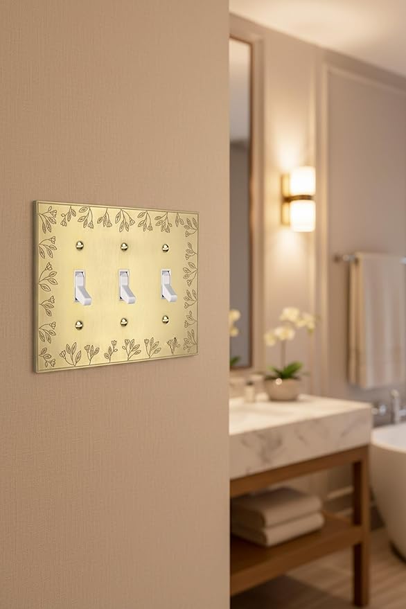 Rio Salto Brushed Brass Gold Metal Triple Toggle Switch Plate Flip Switch Outlet Covers Light Switch Cover Floral Botanical Vintage Wall Plates ??Floral Collection 1-Pack Midsize 6.94" x 5.00"