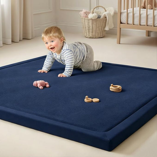 Goyuu Ultra Soft 1.3" Thick Baby Play Mat for Floor, 79x79 Playpen Mat Elasti-Foam Padded Crawling Mat for Babies, Toddlers, Infant, Kids, Non-Slip Backing Safe for Tummy Time, Dark Blue