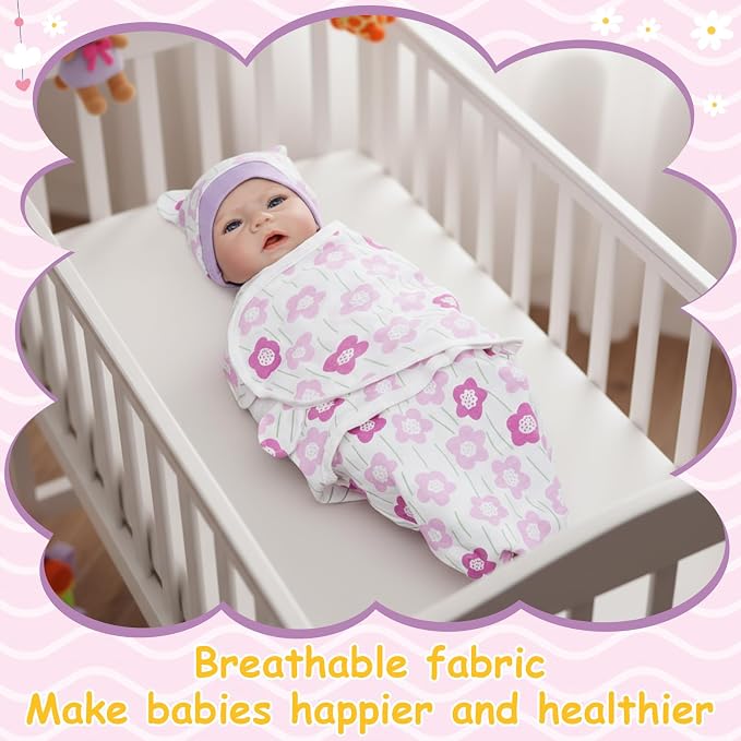 Ramede 6 Pack Swaddle Blanket with Hats for Baby Girl Boy 100% Cotton Swaddles 0-3 Months, Adjustable Breathable Skin Friendly Receiving Blanket Wrap, Essential for Newborns(Tree,Purple)