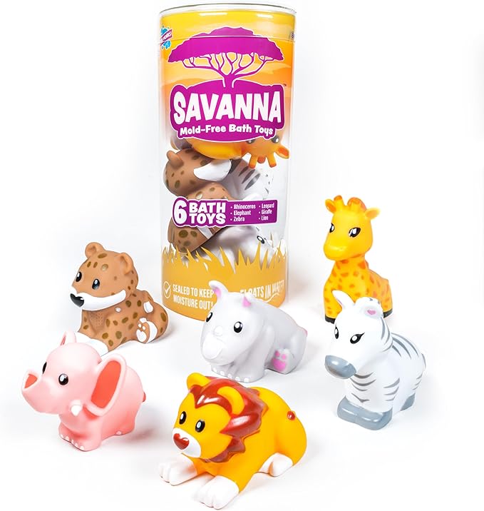 Tub Works® Savanna??Mold Free Bath Toys, 6 Pack | Sealed, No Hole Bath Toys Design Keeps Moisture Out | Soft, Squeezable & Float on Water | Easy-Grip Baby & Toddler Bathtub Toys | Great Baby Pool Toys