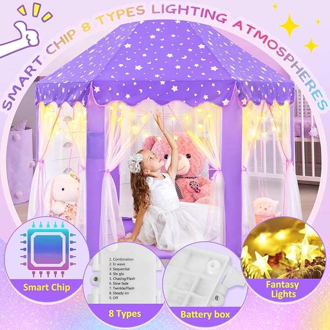 EVOIONOS Purple Tent for Girls, Kids Tent Indoor, Princess Tent with Star Lights, Girls Play Tent, Princess Castle Playhouse Tent, Little Girls Lavendar Tent, 55x53 Princess Tent for Girls