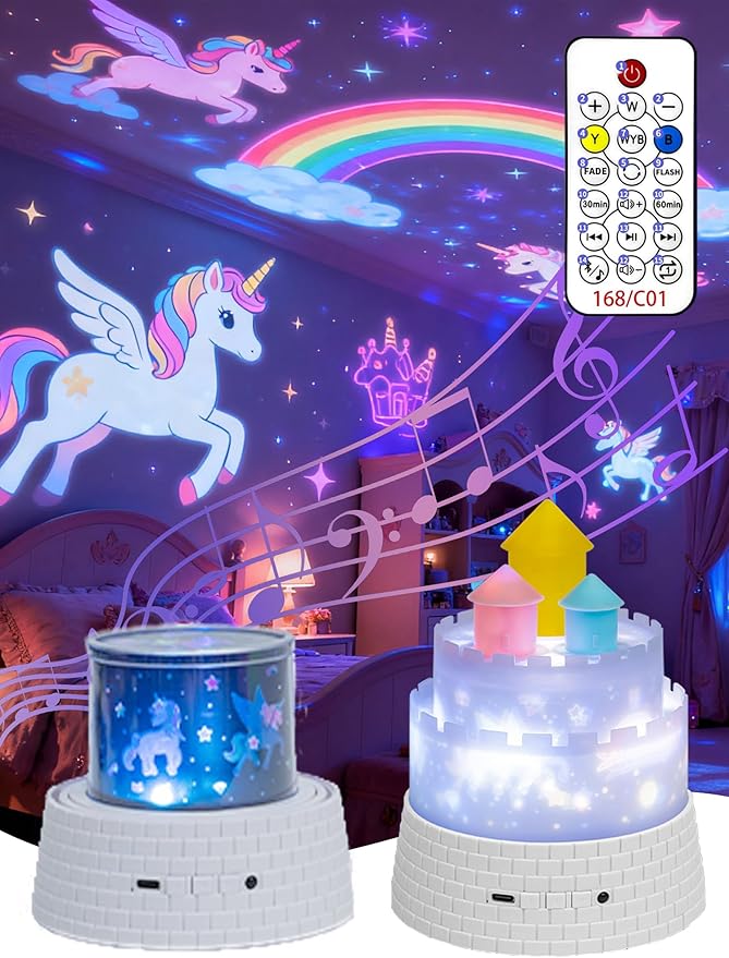 Carousel Kids Projector Night Light, 12 Music+23 Films, Rechargeable 1800mah Light Projector for Kid Room, 360 Rotating Night Light for Kids with Remote Timer, Princess Lamp for Girls Bedroom