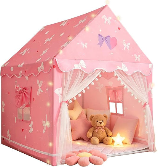 RONGFA Large Kids Tent Playhouse with Basic Mat, Star Lights, Flags and Tote Bags, Play Tent for Indoor & Outdoor, Washable Teepee Tent for Boys & Girls, Kids Play House for Toddler (Pink with Mat)