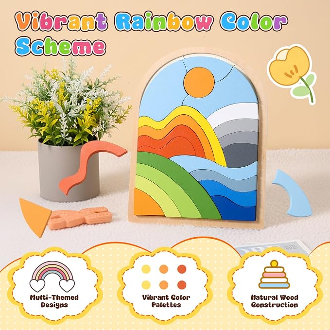 Montessori Wooden Shape Puzzles - Color Matching & Cognition Fun for Kids Over 3 Years Old, with Rainbow Blocks & Themes, Fine Motor Skill Building Toys & Gifts (3 Pack Colorful)