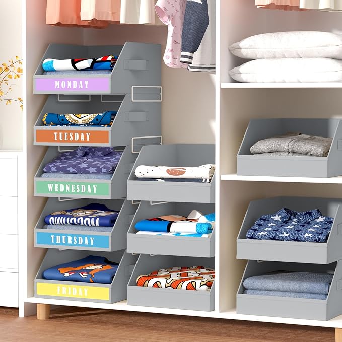 DIMJ Closet Organizers Storage Bins - Clothes Organizer Kids with Weekly Labels & Frame, Stackable Basket Organization, Foldable Shelf Storage Container for Wardrobe Bedroom