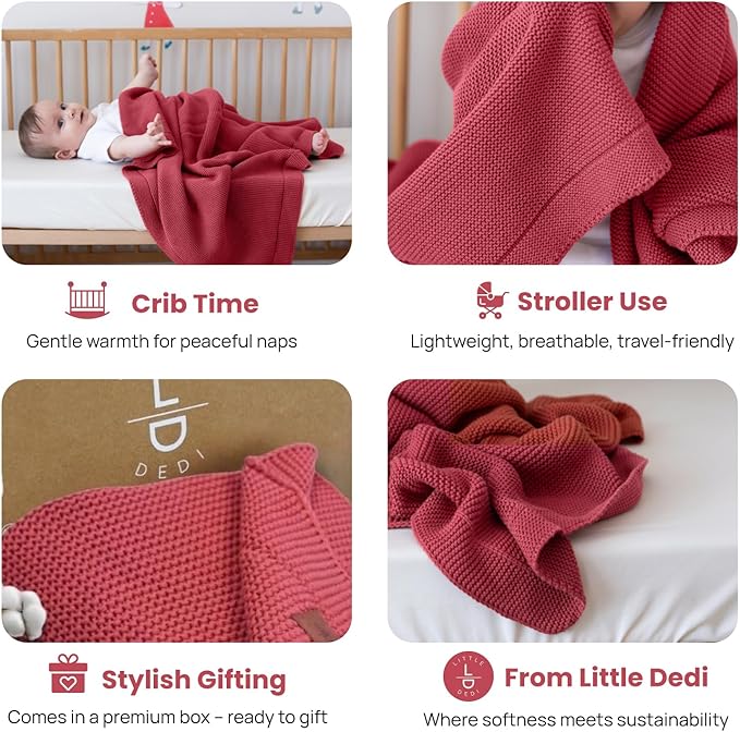 100% Organic Cotton Baby Knitted Blanket with Gift Box - Soft Toddler, Crib, Stroller Blanket - Neutral Swaddle and Receiving Blanket for Newborns, 30"x40", Amberglow